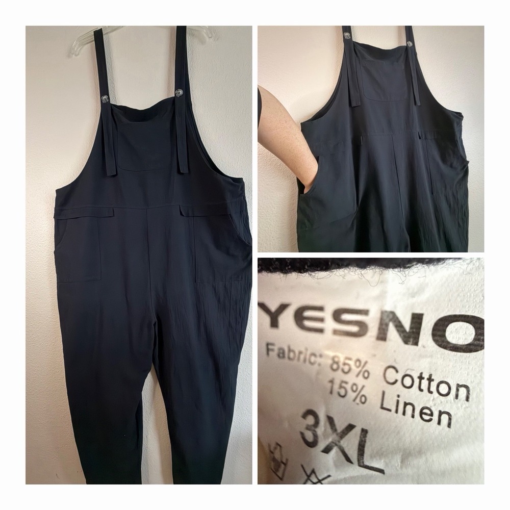YESNO Black Cotton Linen Bib Overalls Relaxed Pockets Lagenlook Plus Size 3XL